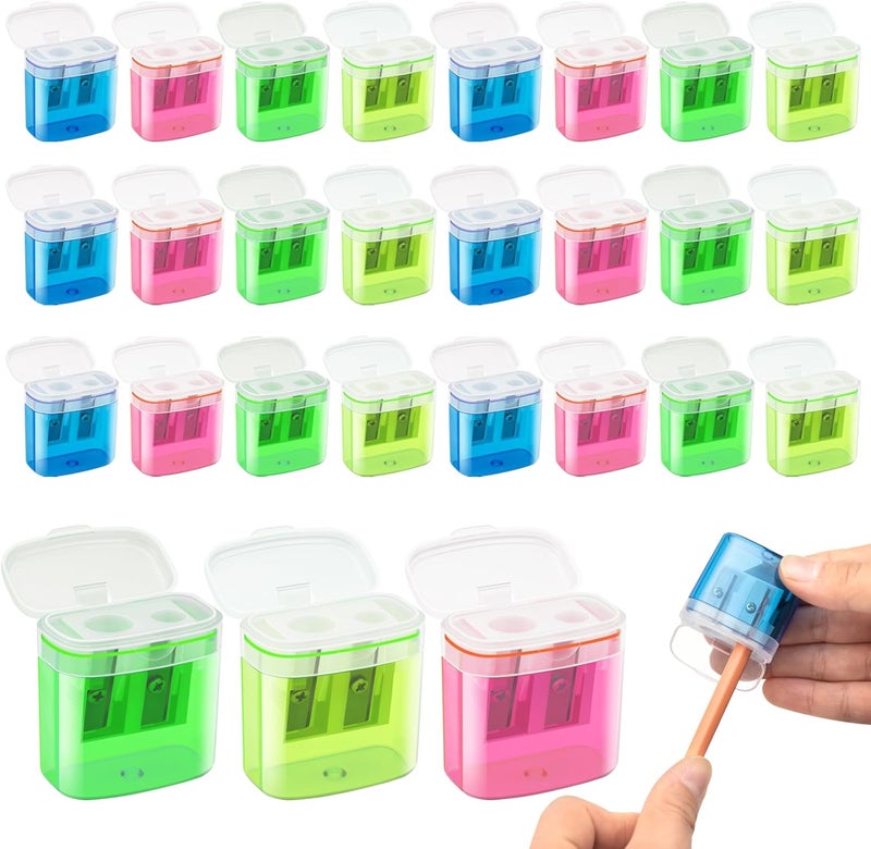JEFURE 24 Pcs 2 Holes Small Manual Pencil Sharpener with Lid, Colored Handheld Dual Hole Pencil Sharpeners Bulk, Crayon Colored Pencils Sharpener, Pencil Sharpener for Kids, Office, School, Classroom - Image 1